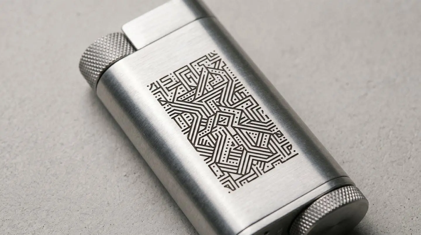 Gros plan macro sur un briquet publicitaire professionnel révélant les détails de la zone de marquage personnalisé et la qualité de finition du matériau