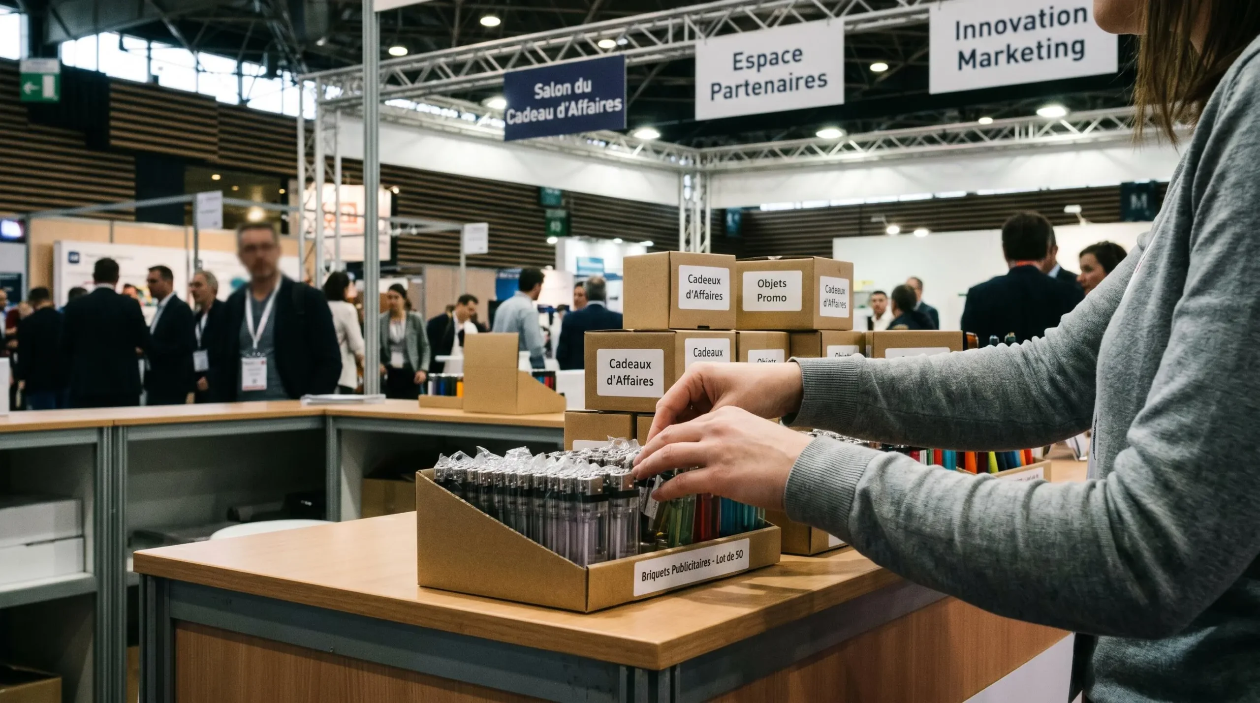 Stand d'exposition lors d'un salon professionnel français où des briquets publicitaires soigneusement emballés sont préparés pour distribution aux visiteurs