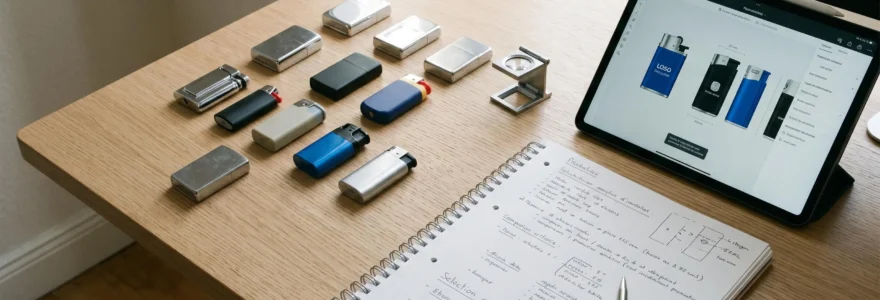 Table de travail d'agence de communication présentant plusieurs échantillons de briquets publicitaires de différentes qualités et finitions, accompagnés d'un cahier des charges et d'une tablette, dans un bureau contemporain éclairé naturellement